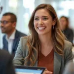 Cliente sonriendo durante la consulta sobre el servicio de cambio de divisas.