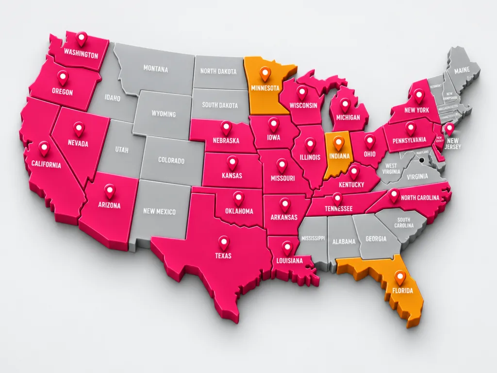 Currency exchange service locations across multiple states