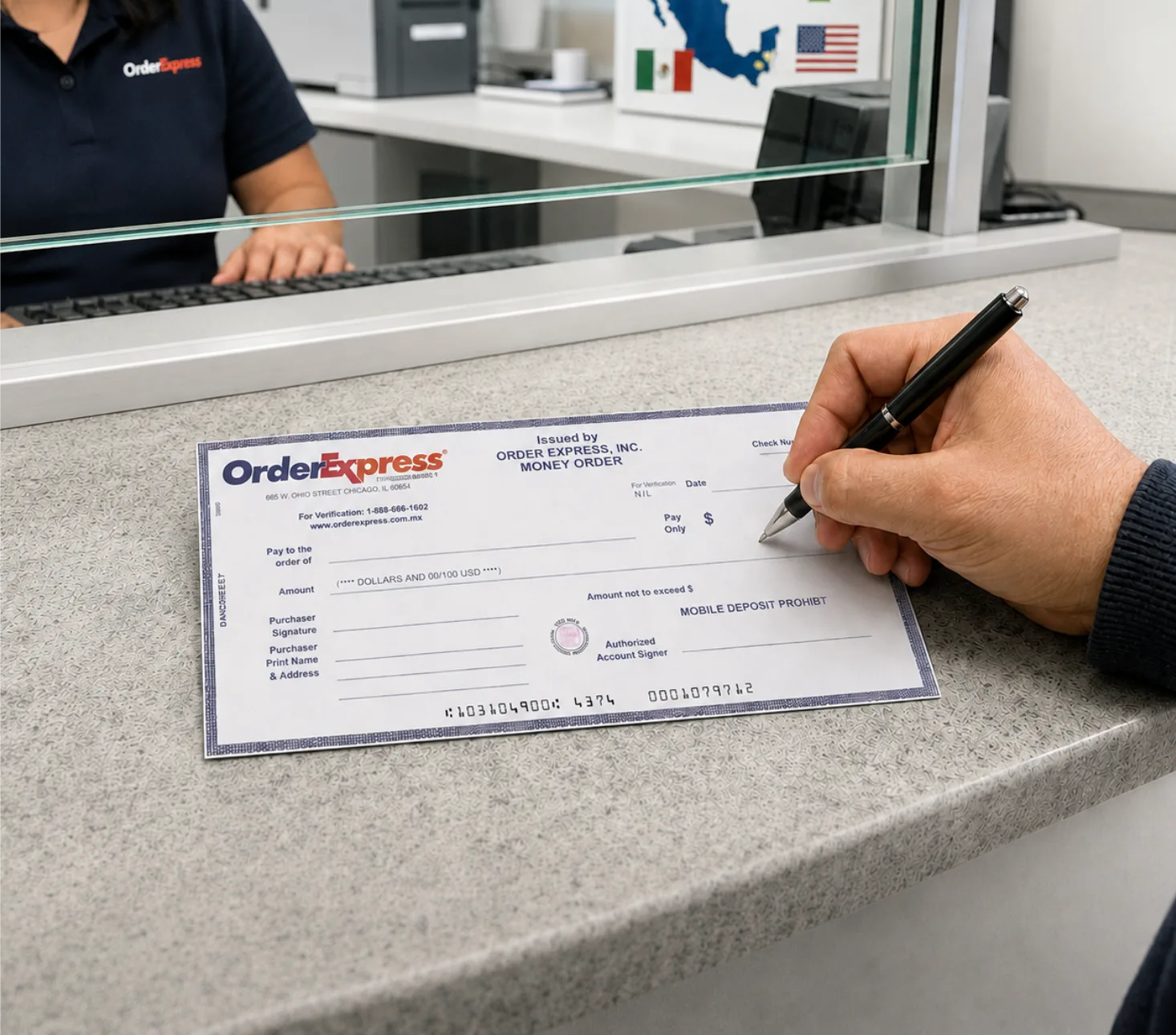 Customer completing money order at service counter