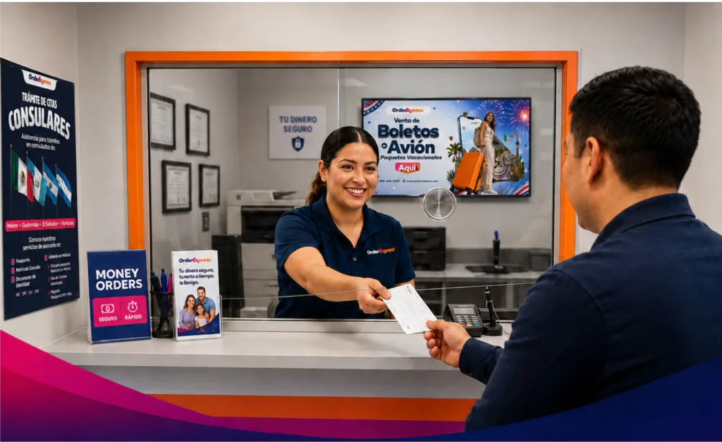 Customer receiving money order at counter